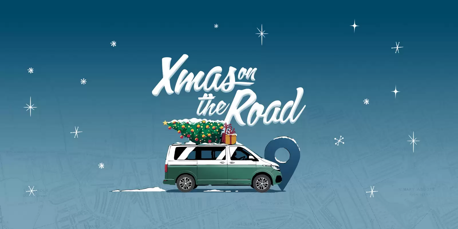 Ilustración de XMAS on the Road con una furgoneta de costado con un pino de navidad en el techo
