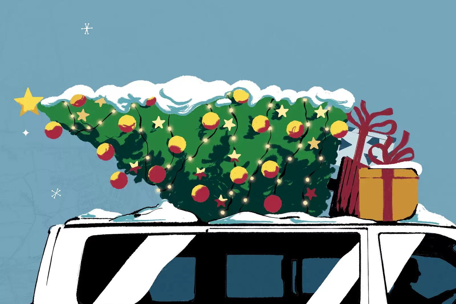 Ilustración de un pino de navidad en el techo de una furgoneta