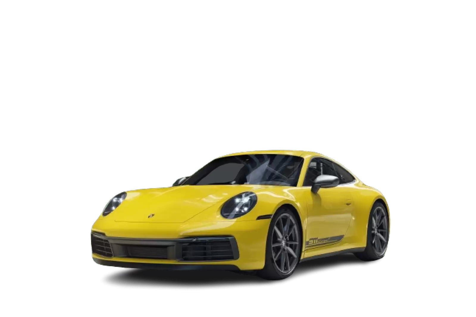 Un coche de Renting Porsche 911, color amarillo sobre fondo blanco 