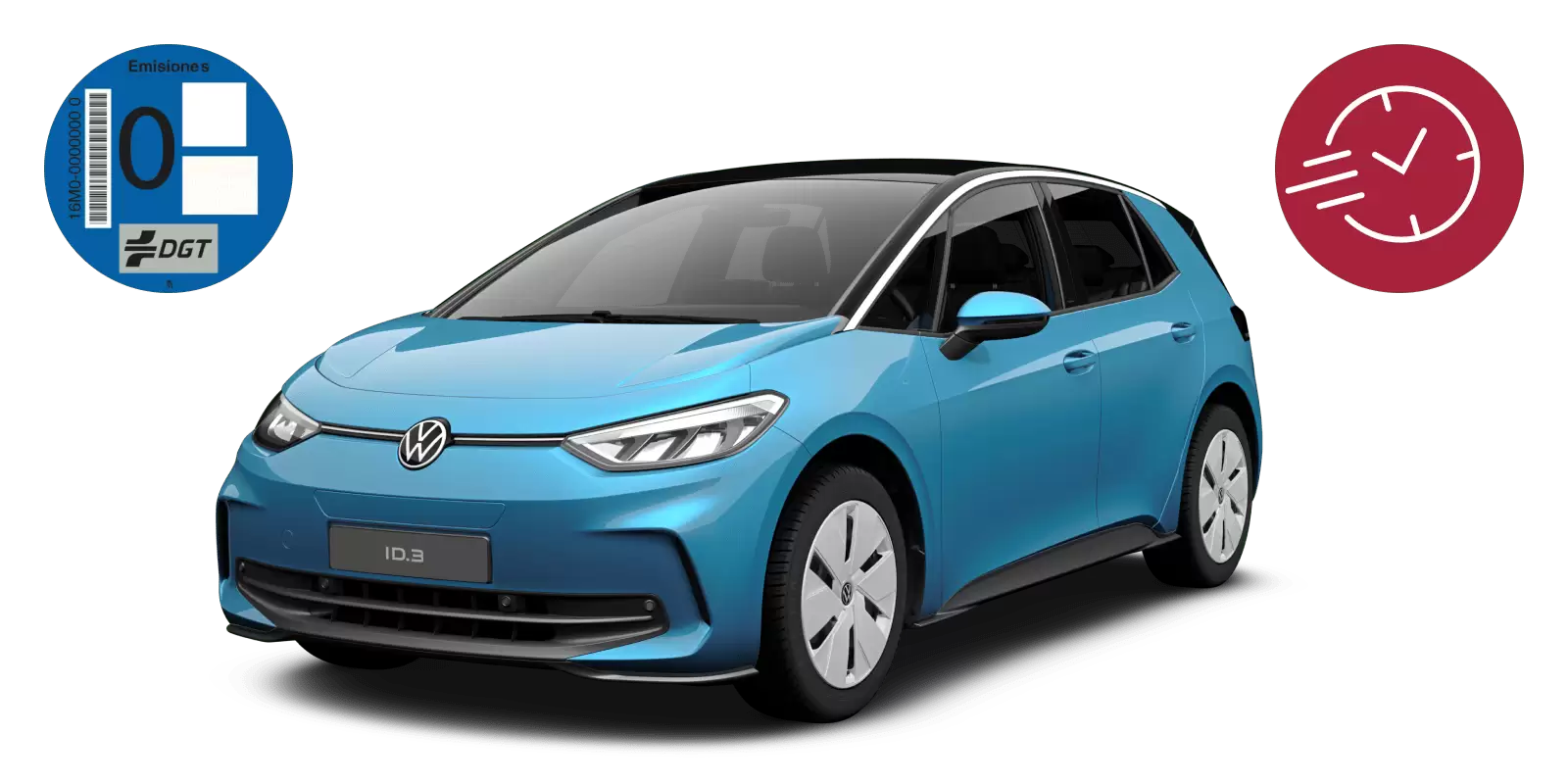 Renting Volkswagen ID. 3, coche eléctrico, color azul, sobre fondo blanco 